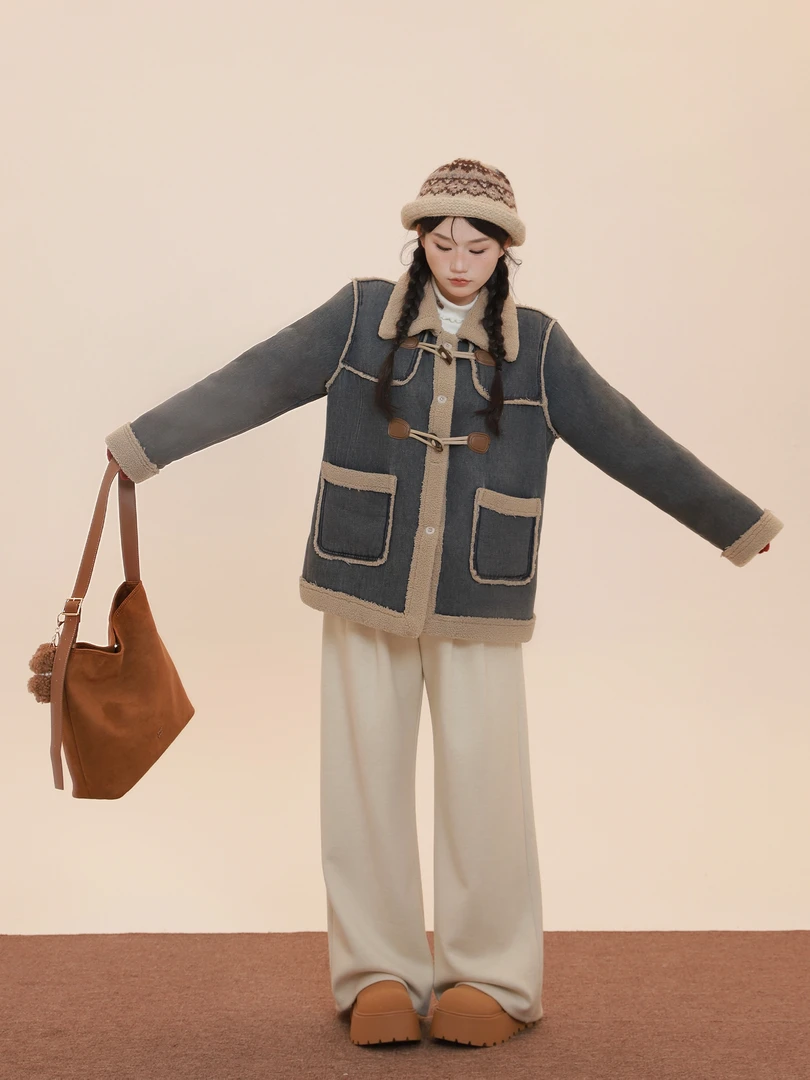 月半鱼【冬季牛仔】牛仔加绒牛角扣外套女冬季厚实保暖棉服