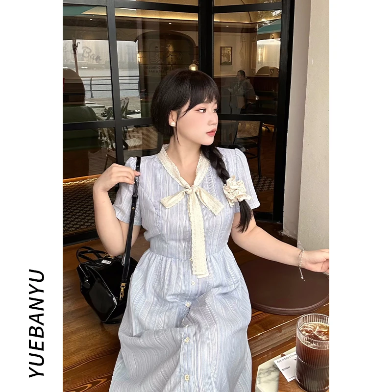 月半鱼现货【怦然心动】气质风条纹连衣裙长款显瘦气质V领蓝色裙子