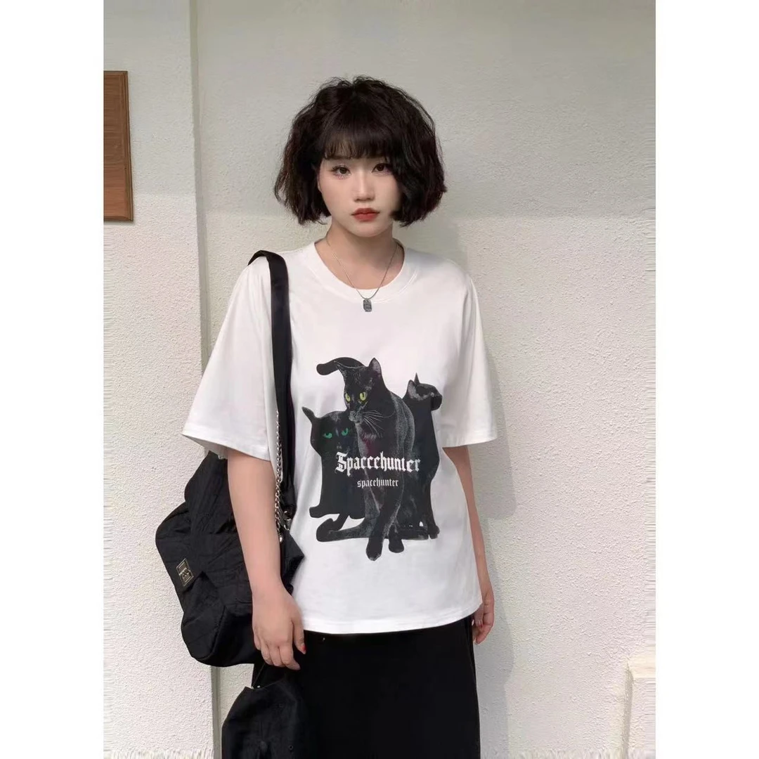 月半鱼【现货】夏款街头宽松短袖黑猫ins印花上衣小众＋休闲半身裙