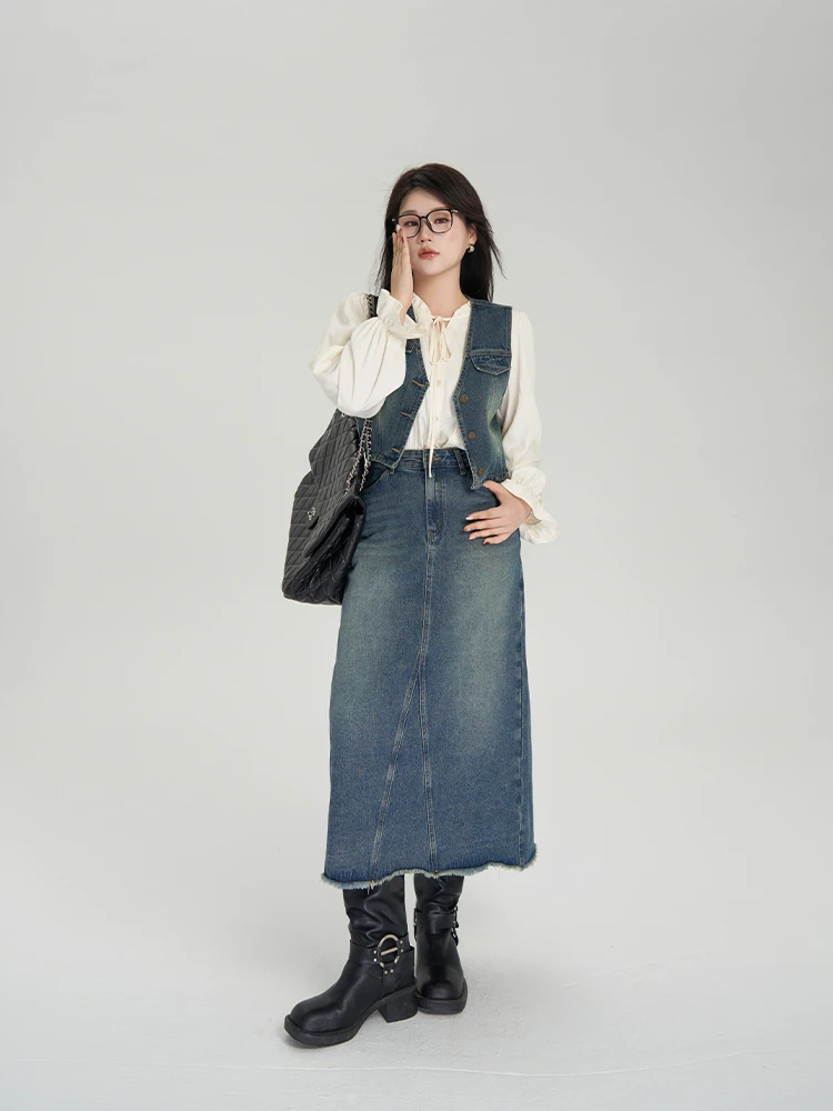 月半鱼【牛仔西士多】水洗做旧牛仔马甲+半身裙短裙长裙高级感穿搭