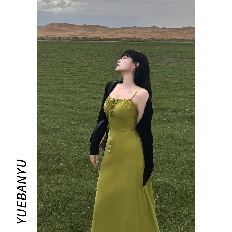 月半鱼【可丽露】方领连衣裙绑绳吊带显白温柔风显瘦气质复古裙子