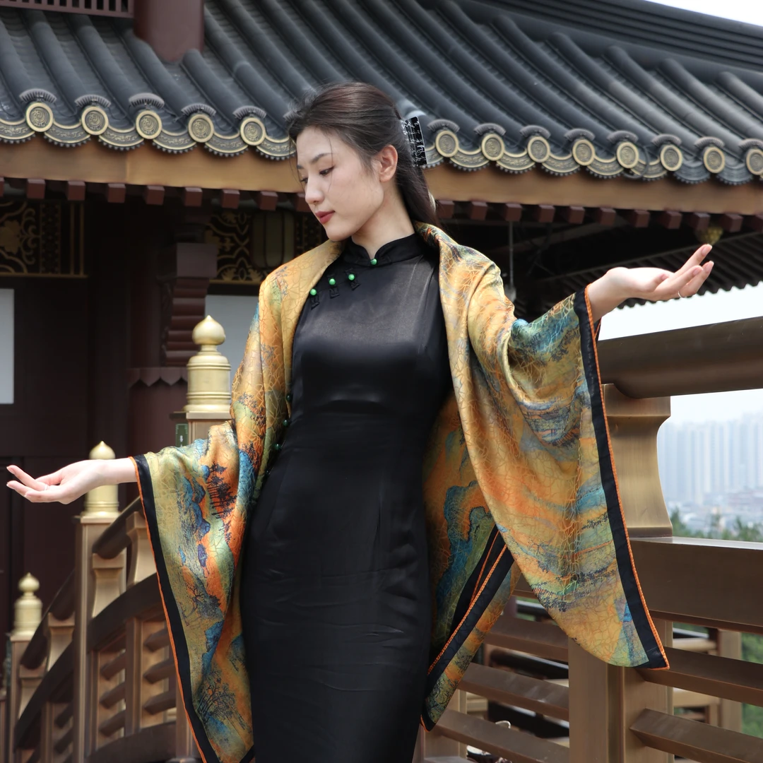 【千里江山】春秋雅致龟裂纹双面中国风重磅高端百搭洋气丝巾围巾