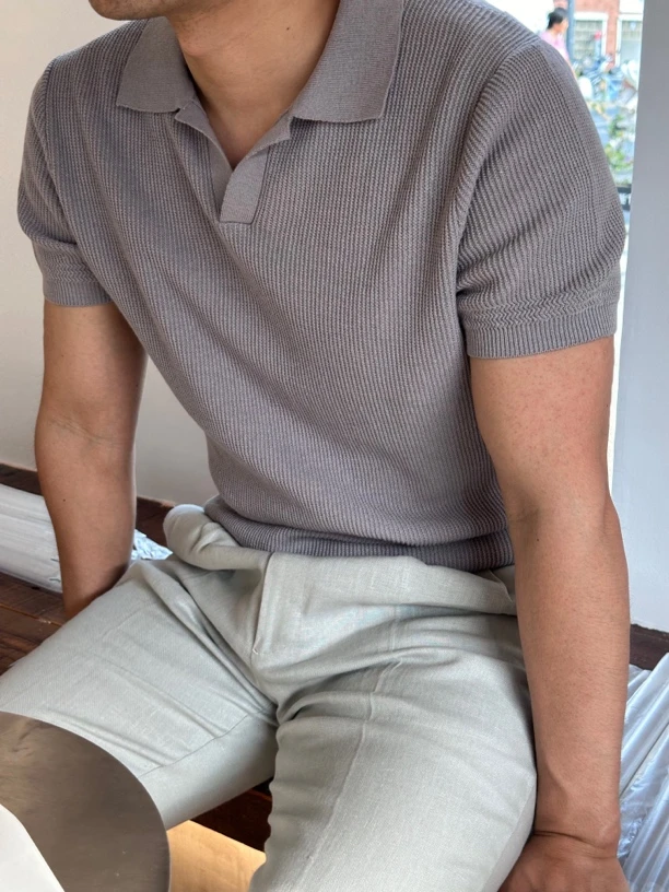 超重工机理感编织螺纹polo衫休闲男士 奢华棉麻干爽时尚翻领polo