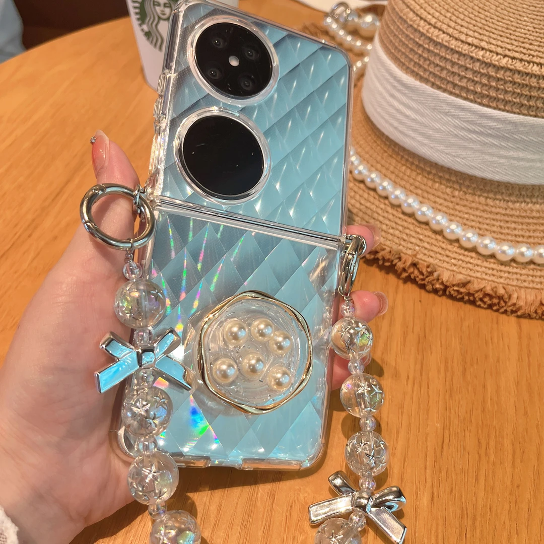 麻花圈爱心花朵支架珍珠华为pocket2手机壳新款折叠屏时尚女