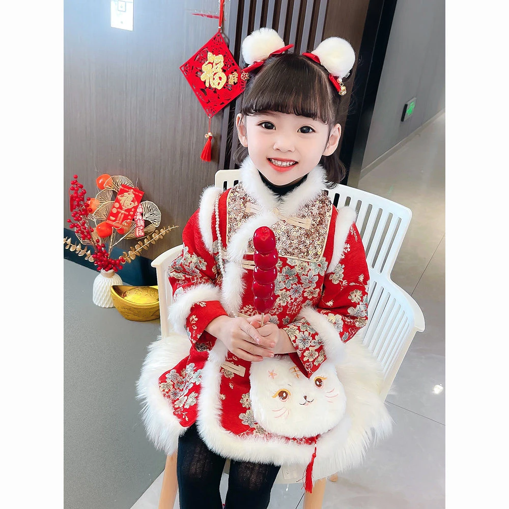 汉服女童拜年服旗袍冬季2023新款儿童中国风唐装加厚小女孩新年装