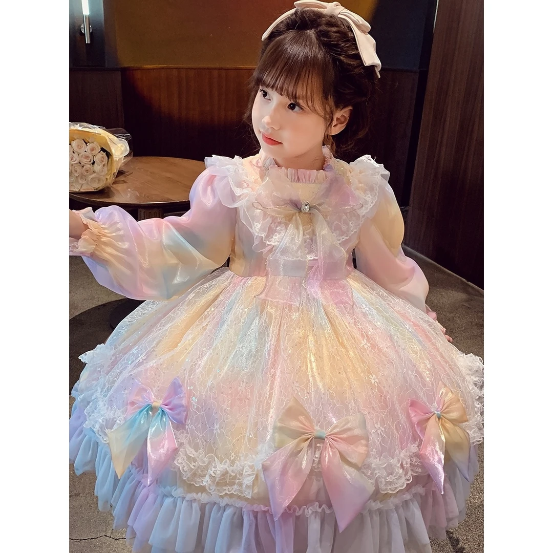 女童洛丽塔高级小女孩秋季2023新款洋气儿童蓬蓬纱裙彩虹连衣裙