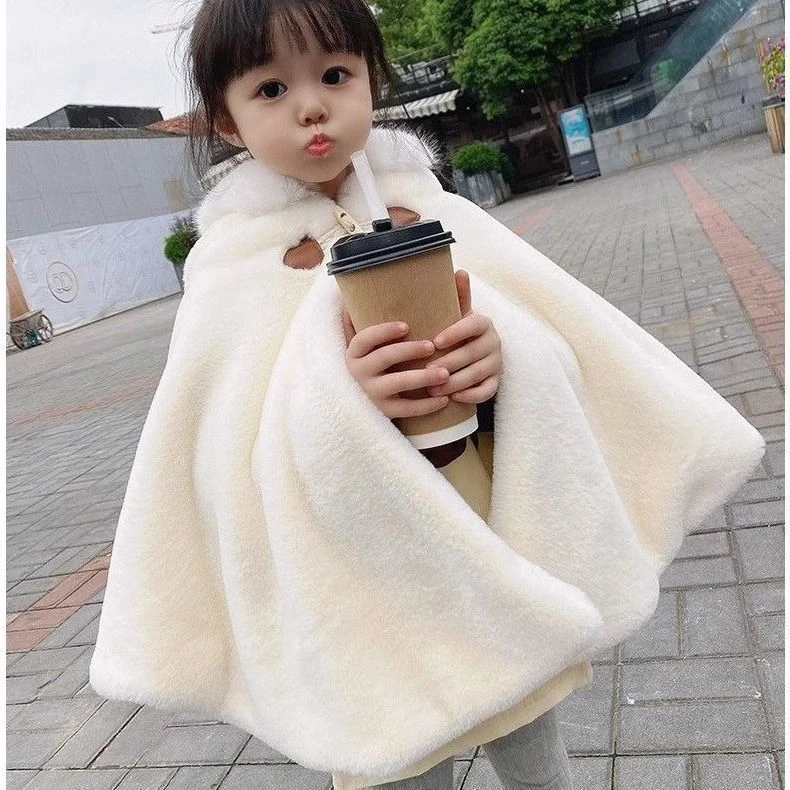 女童披风婴幼儿斗篷外套秋冬儿童宝宝加绒加厚外出防寒连帽毛披风
