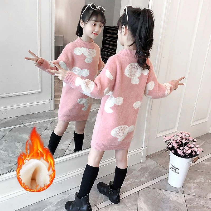 女童毛衣秋冬长款中大童套头加绒加厚针织衫儿童打底毛衣裙