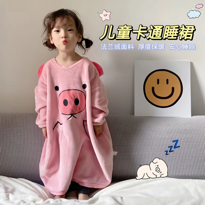 女童睡裙秋冬季加厚款女孩宝宝睡袍保暖儿童睡衣连体
