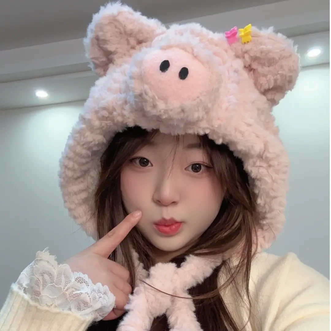 毛茸茸卡通可爱小猪帽子秋冬季保暖防寒加绒包头帽加厚防护帽XXK