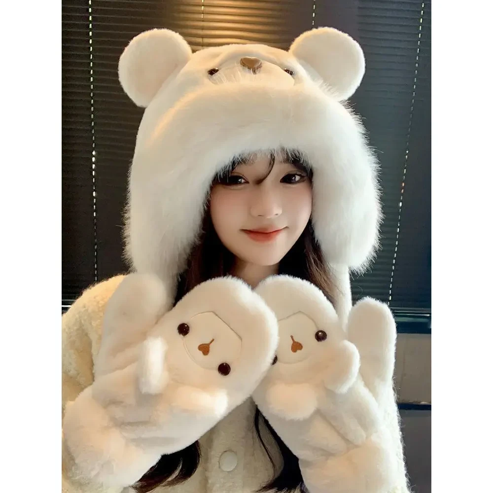 新款毛绒小熊耳朵帽子秋冬季加厚保暖护耳头帽可爱雷锋骑车手套DD