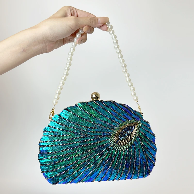 手拎包新款复古刺绣孔雀绣花包晚宴包珍珠手提包金属时尚女士链条