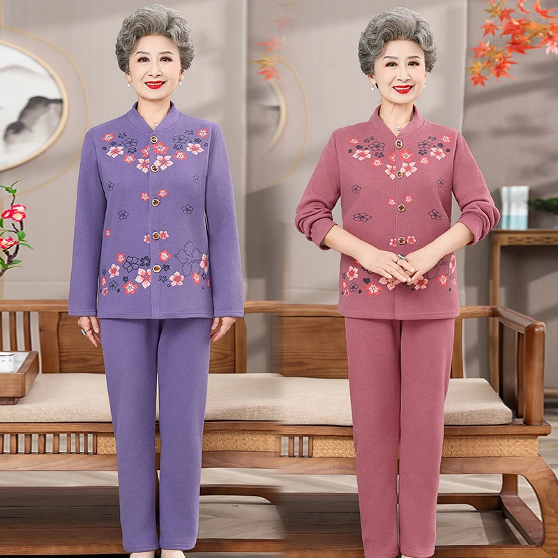 中老年人保暖衣加绒加厚开衫女奶奶冬装套装妈妈开襟太太秋衣秋裤