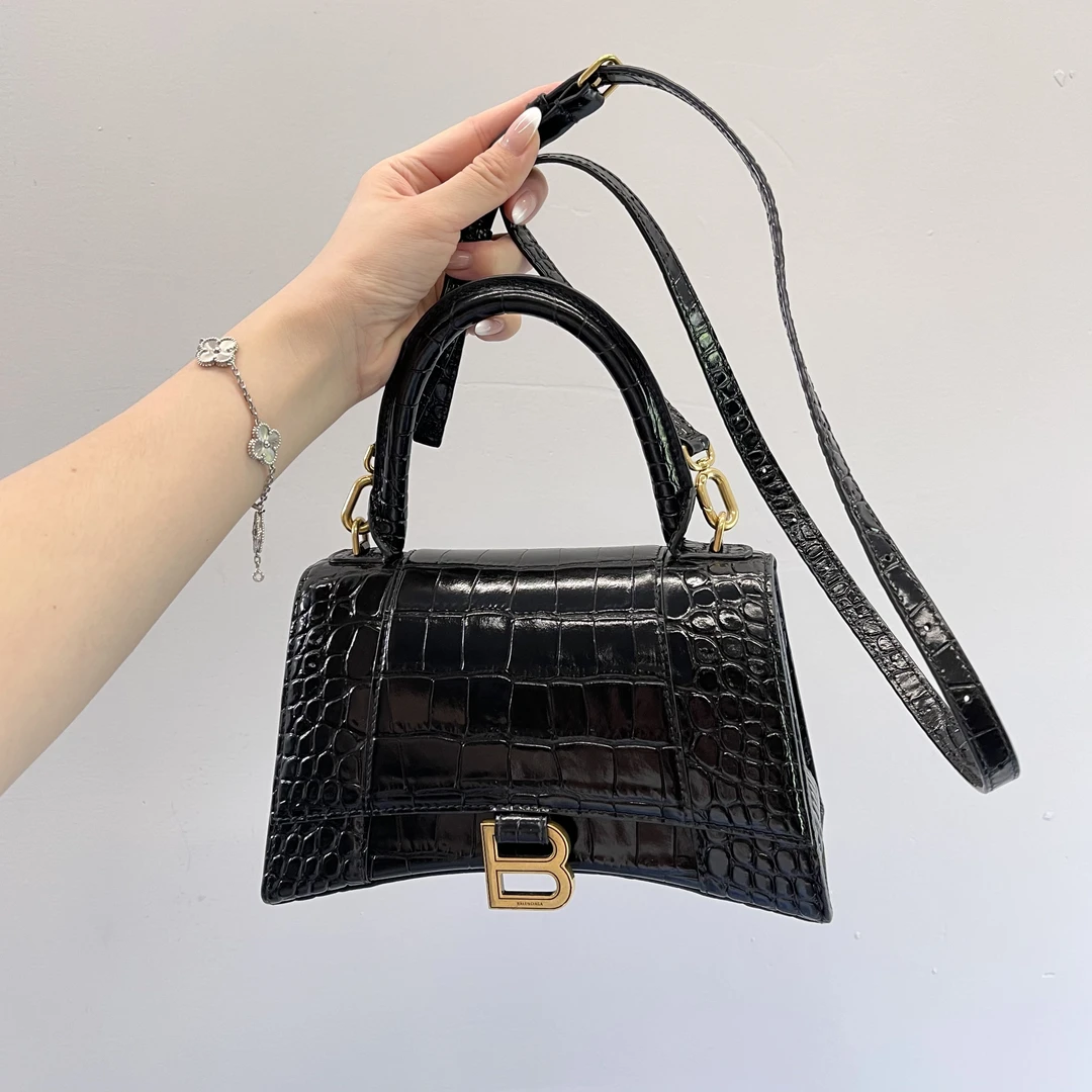 95新 Balenciaga/巴黎世家 黑金/沙漏鳄压s手提单肩包081707