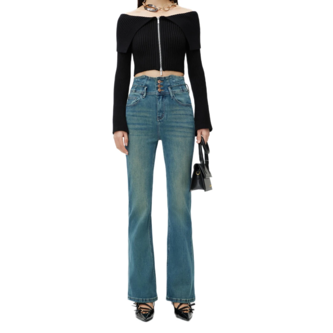 高腰微喇牛仔裤女弹力2024年春夏新款外穿百搭修身显瘦九分喇叭裤