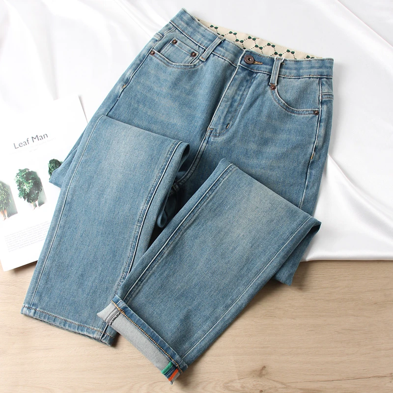 直筒窄版九分裤女弹力百搭春秋外穿时尚高腰牛仔国风裤子小个子