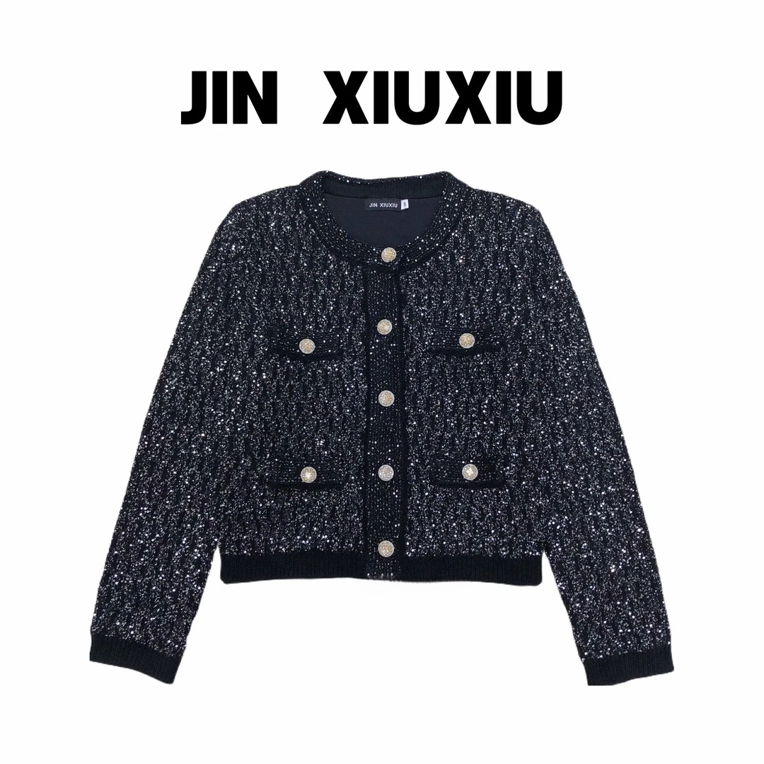 【金秀秀】1140韩国东大门新款黑色亮片圆领开衫