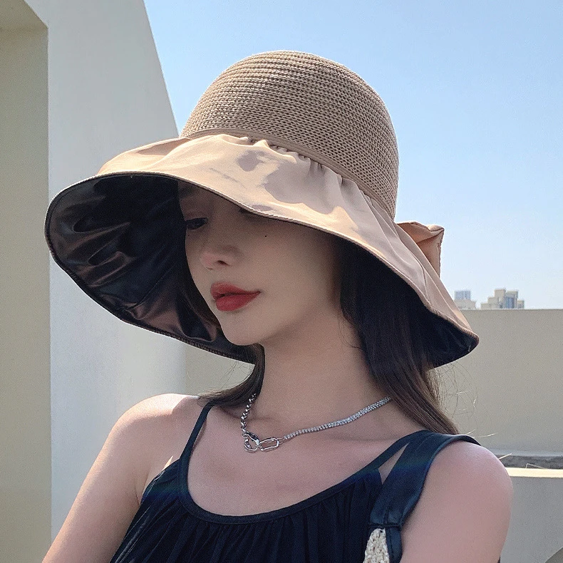 大头围黑胶空顶遮阳帽女夏防晒帽子防紫外线遮脸渔夫帽可折叠调节