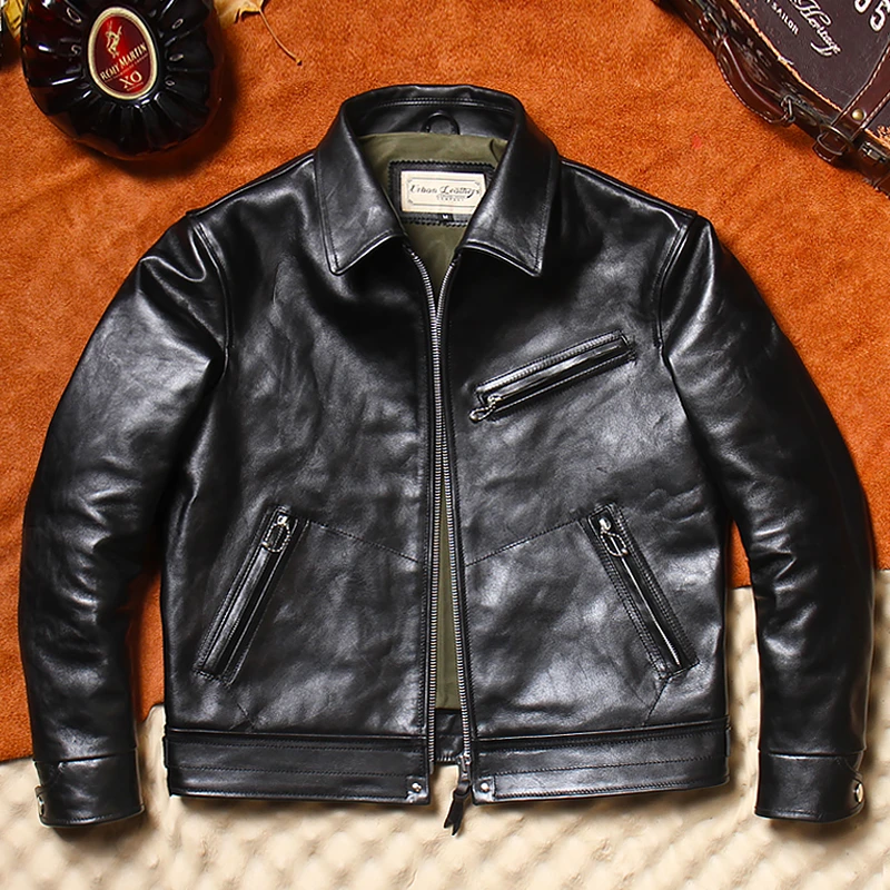 穆赫兰道透染头层马皮机车服夹克男复古翻领修身木盒厚短款外套