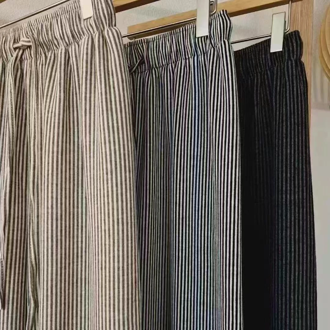 女生超火竖条加绒阔腿裤针织时尚宽松秋冬加厚直筒长裤条纹