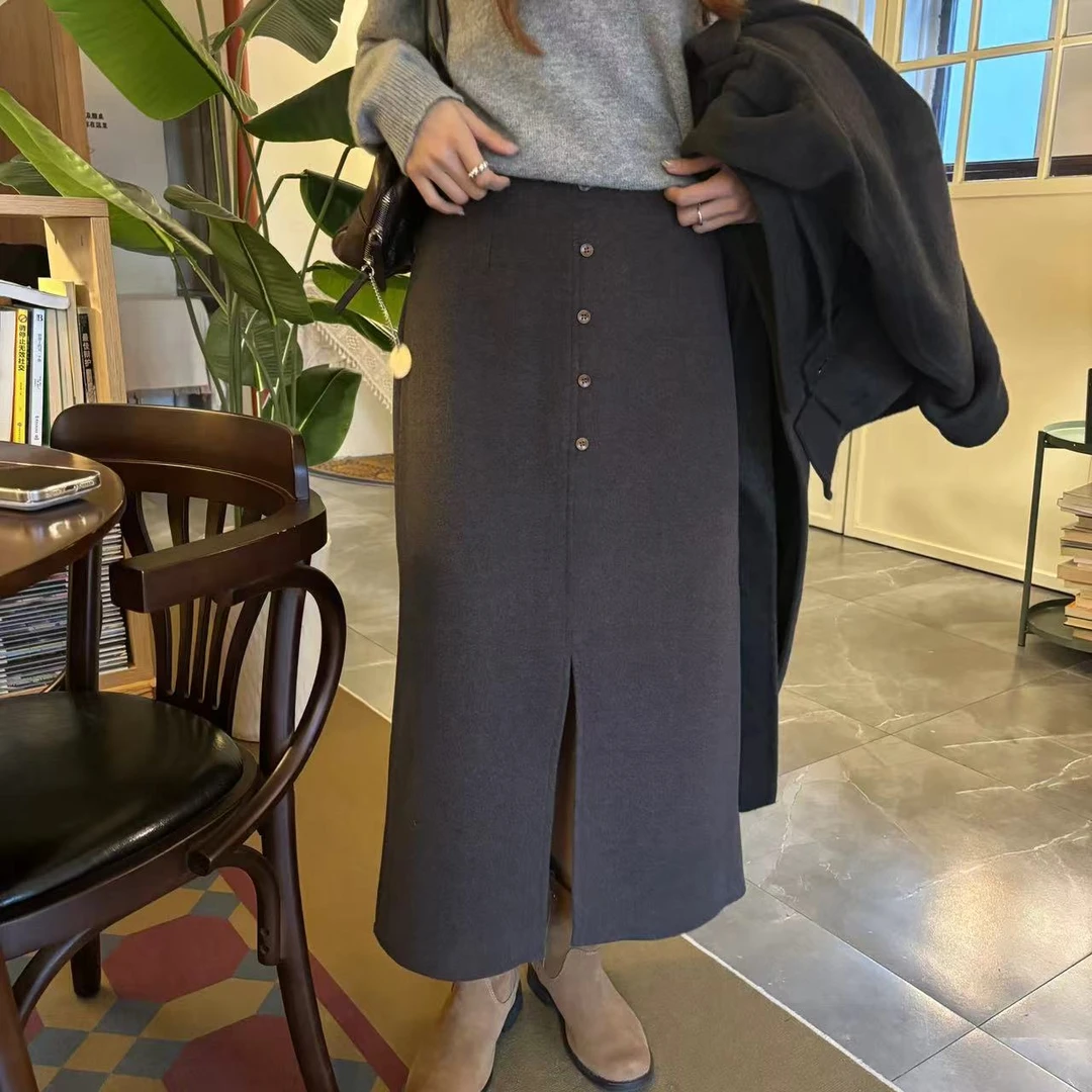 Julia姐姐设计款】“2种穿法”秋冬扣子毛呢开叉A字半身裙
