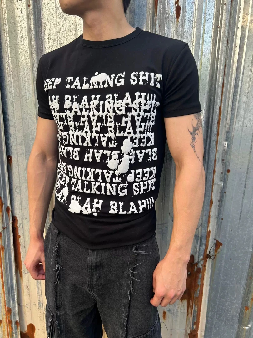 PunkFK脏话发泡印花直角肩短袖Tee32s双纱索罗娜精棉260g健身修身