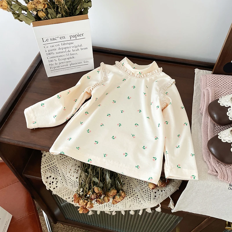 【现货】QY246843春秋新款儿童T恤女童半高领碎花打底衫