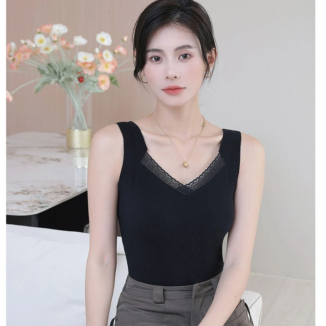 秋冬保暖无痕美背吊带背心女式内搭带胸垫内衣打底无感蕾丝舒适