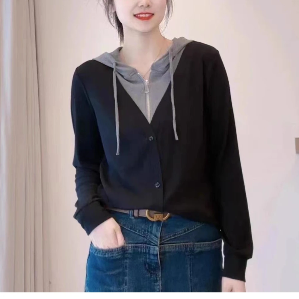 2023秋季新品显瘦时尚休闲透气百搭连帽打底半拉链卫衣长袖女上衣