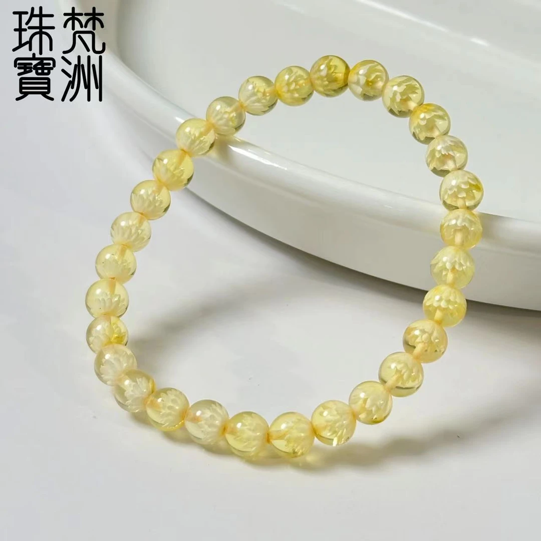 （梵洲）  天然 金珀 阴雕莲花 手串