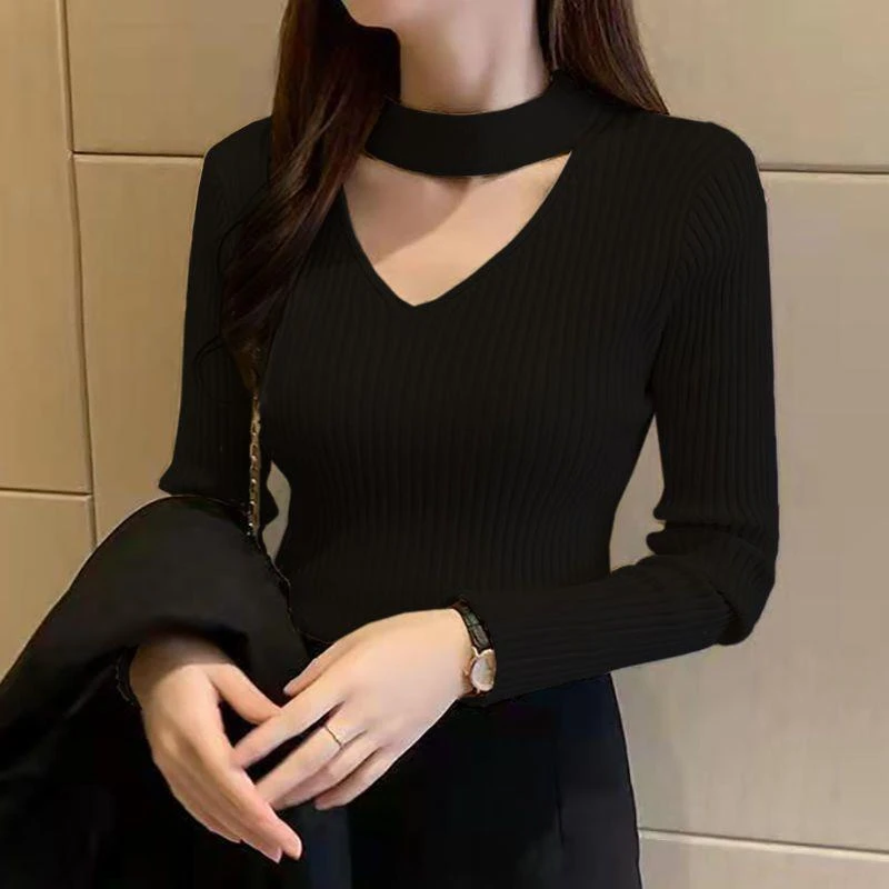 新款黑色内搭半高领镂空百搭针织打底衫毛衣女士挂脖上衣女针织衫