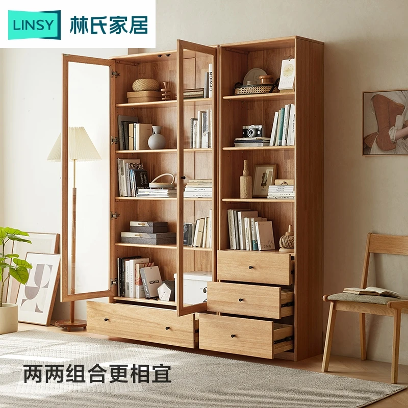 林氏家居带玻璃实木书柜书架一体整墙客厅家用展示柜子PK2X ZH