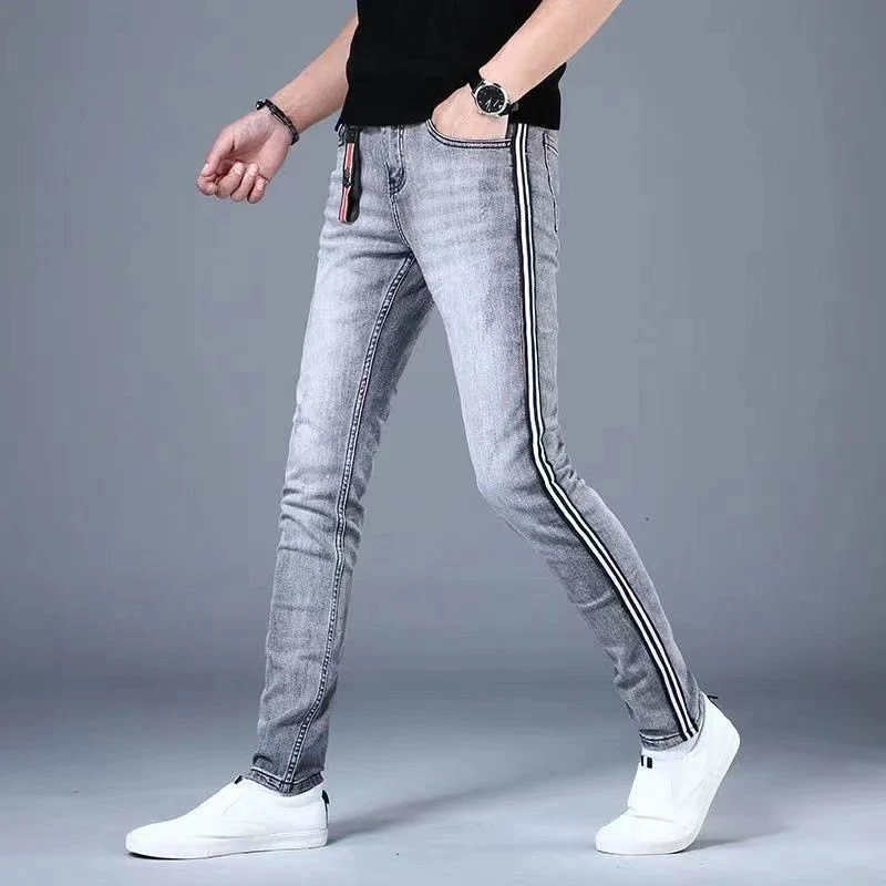 灰色男士条纹牛仔裤潮流修身小脚裤春夏季高端弹力拼接休闲裤男潮