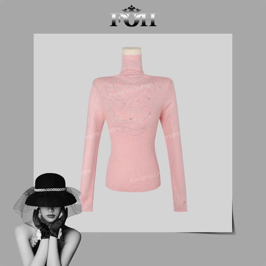 【封后轻奢设计】2024秋冬新款高领线条烫钻百搭修身毛衣8171
