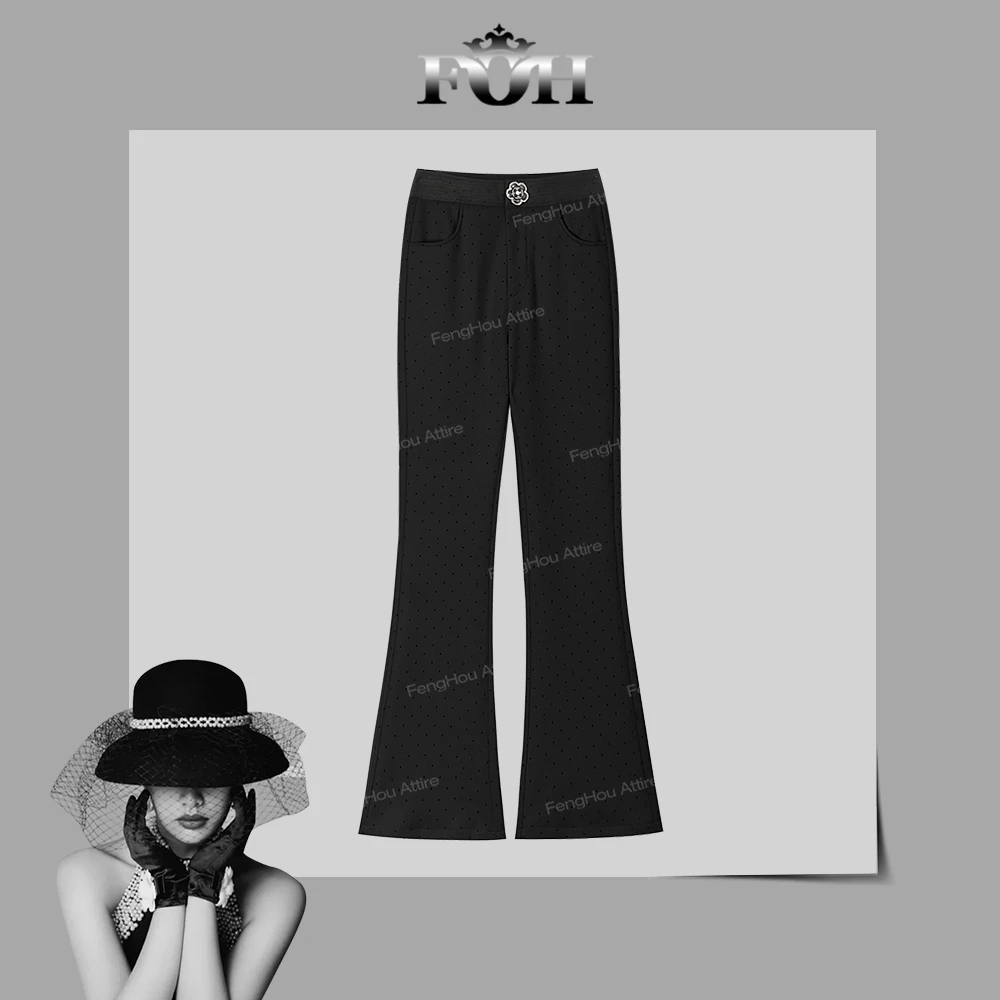 【封后轻奢设计】2024秋冬山茶花扣微喇烫钻加绒休闲裤8863731