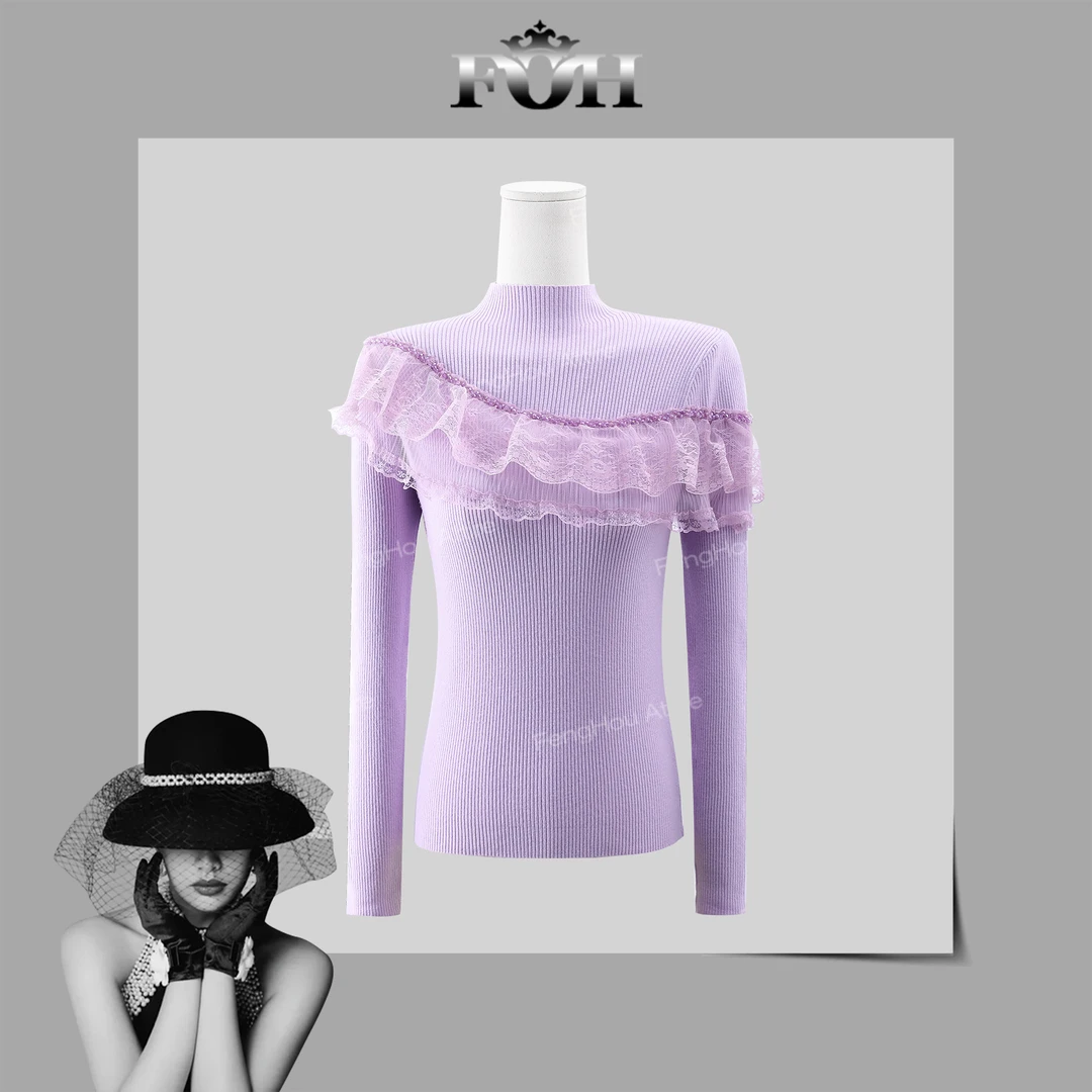 【封后轻奢设计】2024秋冬新款半高领荷叶蕾丝花边打底毛衣8128