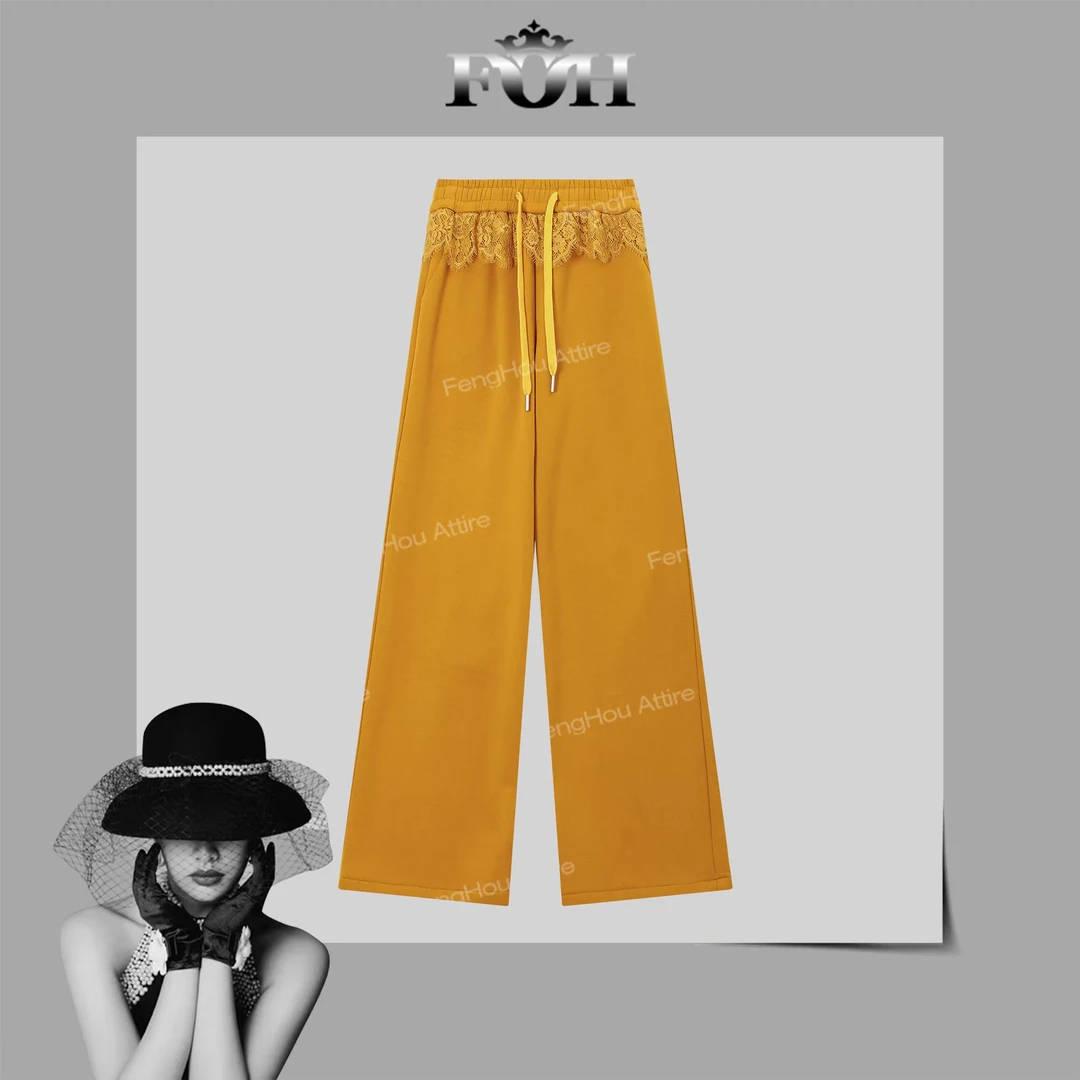 【封后轻奢设计】2024冬季新款松紧腰蕾丝边直筒加绒休闲裤86A1908