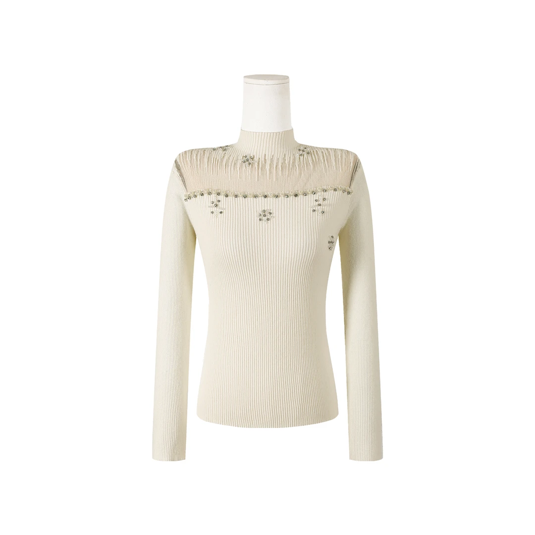 新款网纱拼接烫钻修身打底毛衣9092