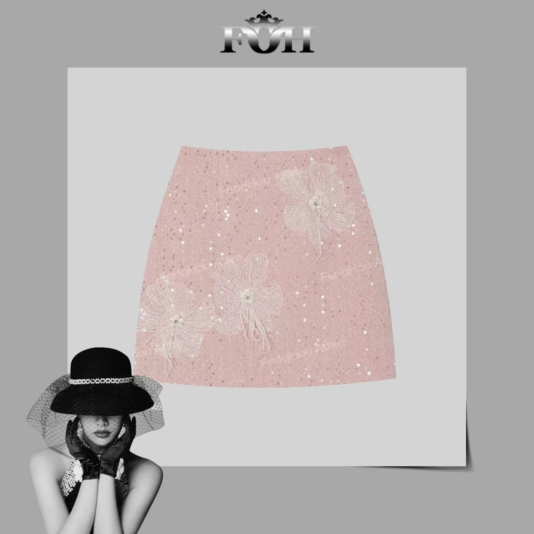 【封后轻奢设计】2024秋冬新款百搭显瘦亮片蕾丝提花短裙8993033