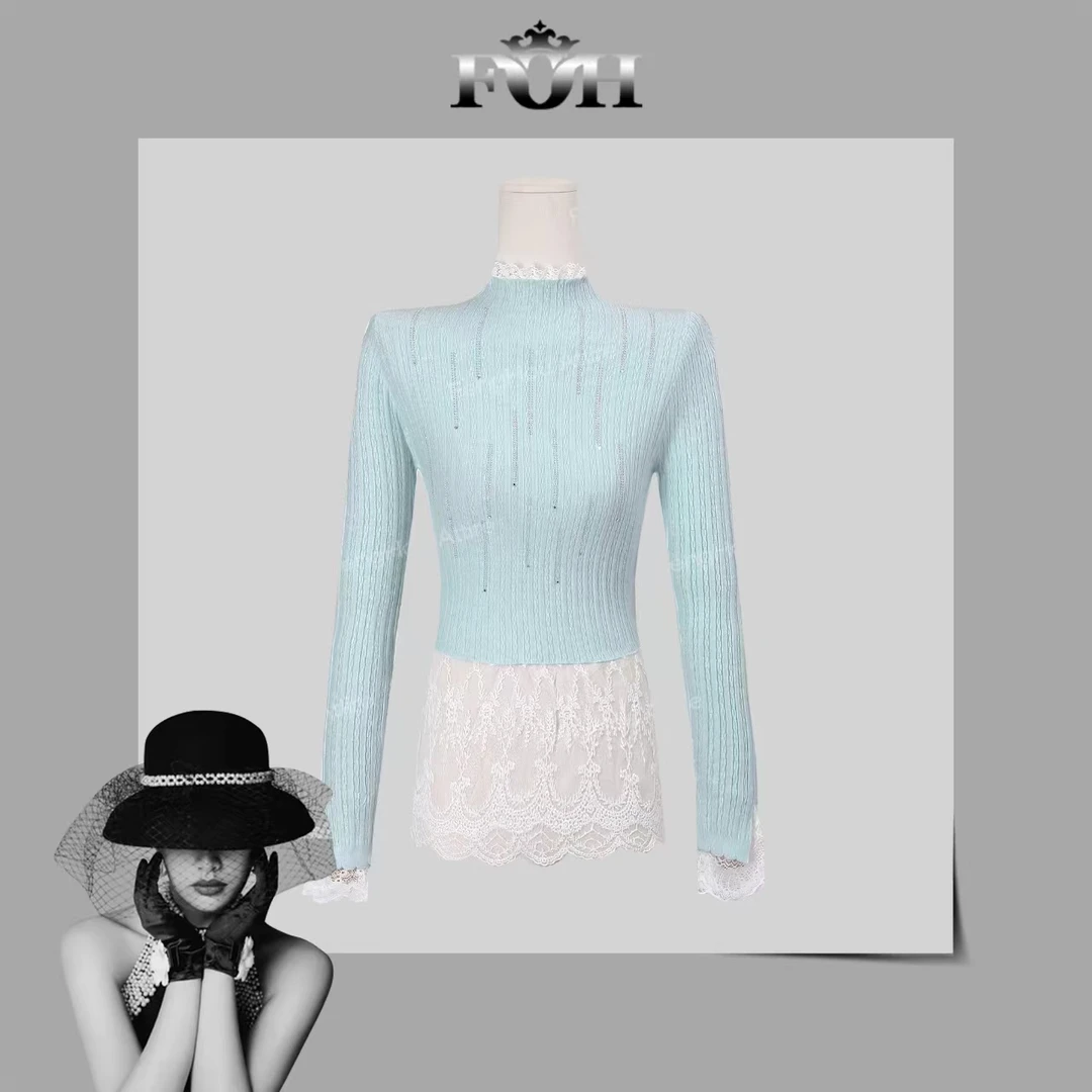 【封后轻奢设计】2024冬季新款蕾丝拼接花边设计感毛衣7808