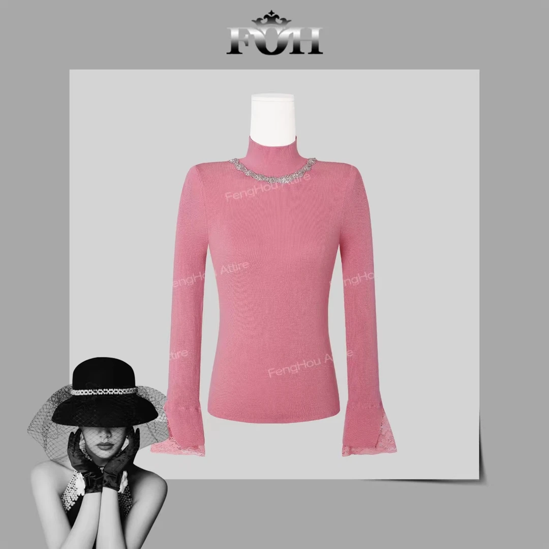 【封后轻奢设计】2024秋冬新款半高领烫钻喇叭袖毛衣57007