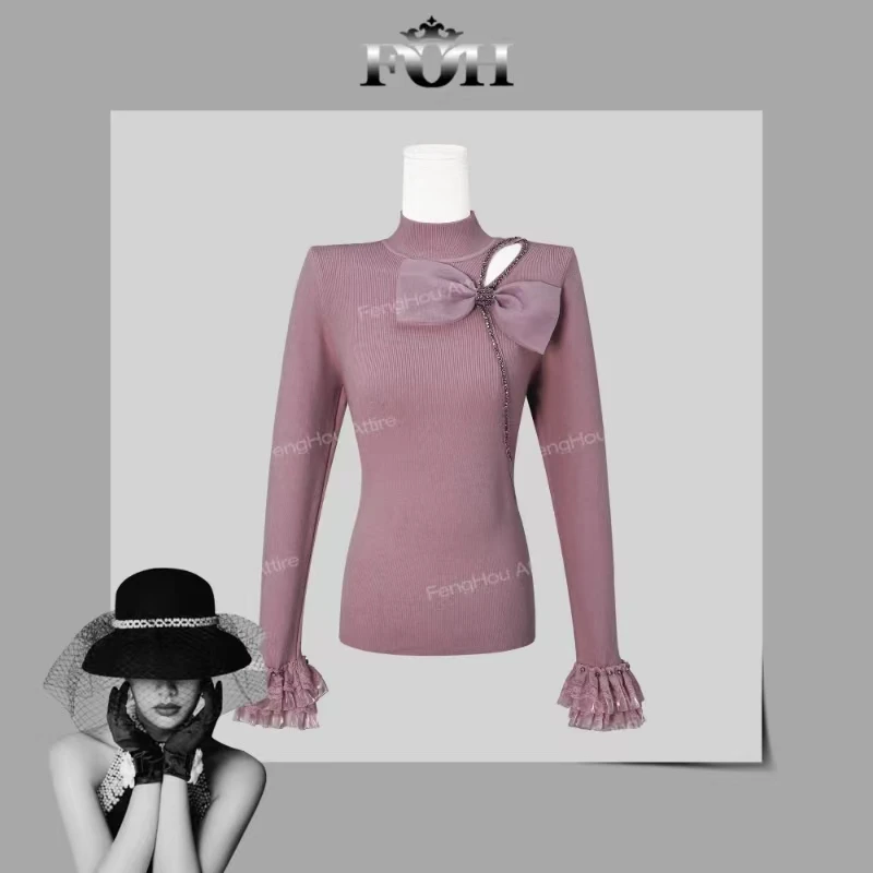 【封后轻奢设计】2024秋冬新款半高领镂空立体蝴蝶结喇叭袖毛衣9237