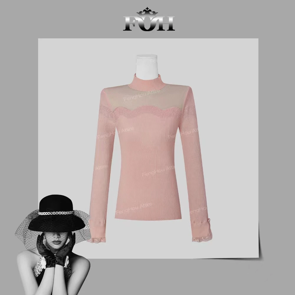 【封后轻奢设计】2024秋冬新款修身烫钻蕾丝袖打底毛衣9222