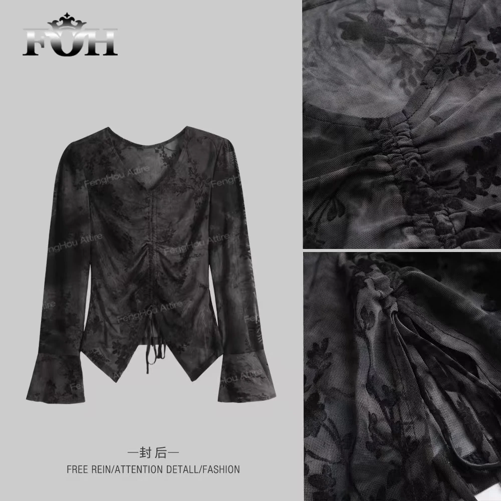 【封后轻奢设计】秋季新款复古港味V领碎花时尚修身小衫上衣86A336