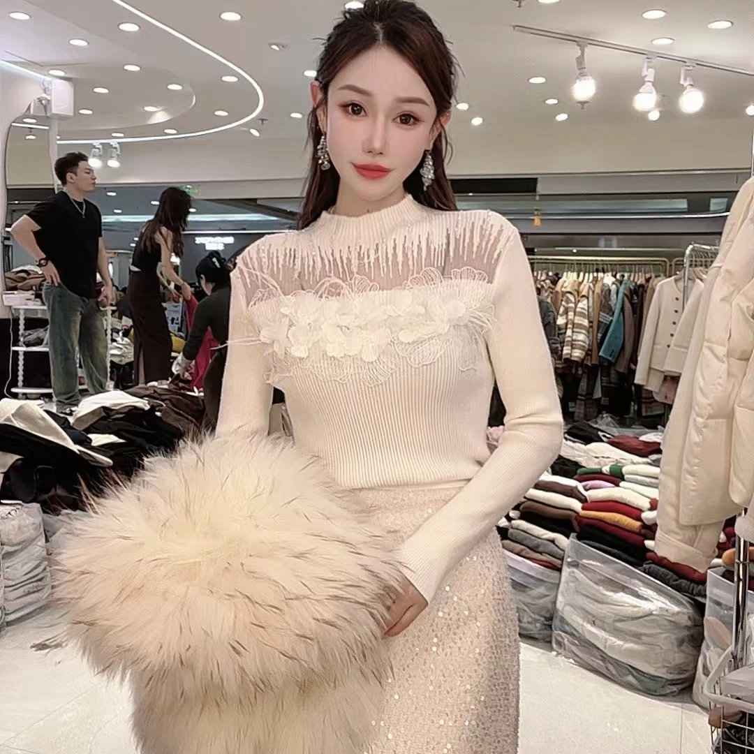 【封后轻奢设计】2024秋冬新款烫钻立体花朵半高领毛衣7578