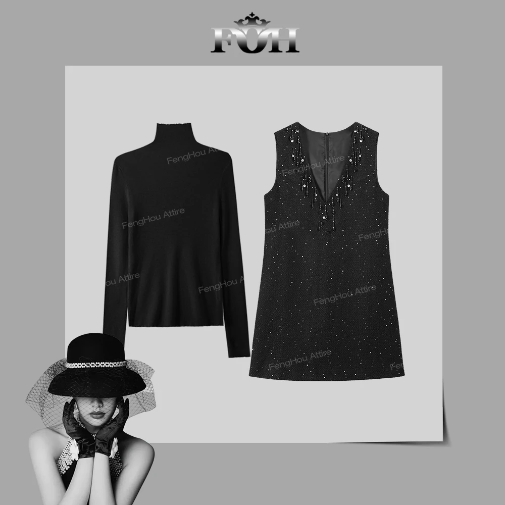 【封后轻奢设计】2024秋冬优雅闪钻钉珠连衣裙8951997