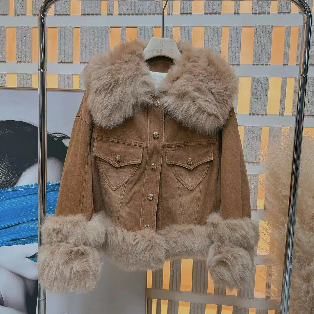 冬季新款时尚休闲牛仔大毛领羽绒服23515