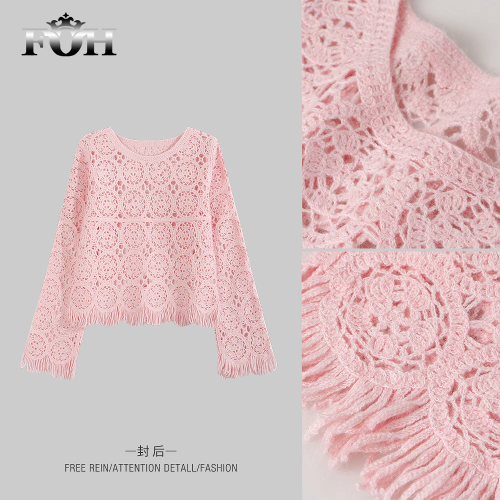 【封后轻奢设计】新款圆领镂空针织流苏上衣8863063
