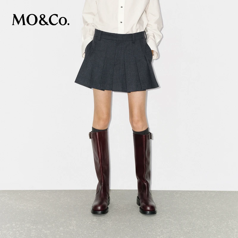MOCO短裙冬含绵羊毛精纺中低腰A字压褶半身裙MBD4SKT003