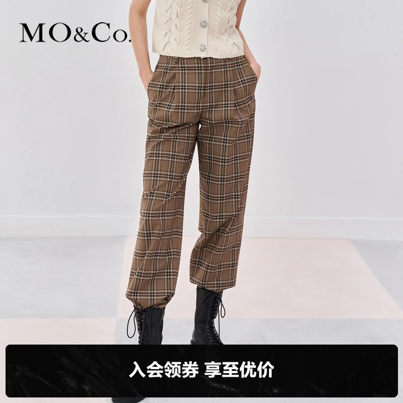 MOCO秋季复古棕色格纹直筒西裤休闲裤长裤高腰格子MBB3PAT017